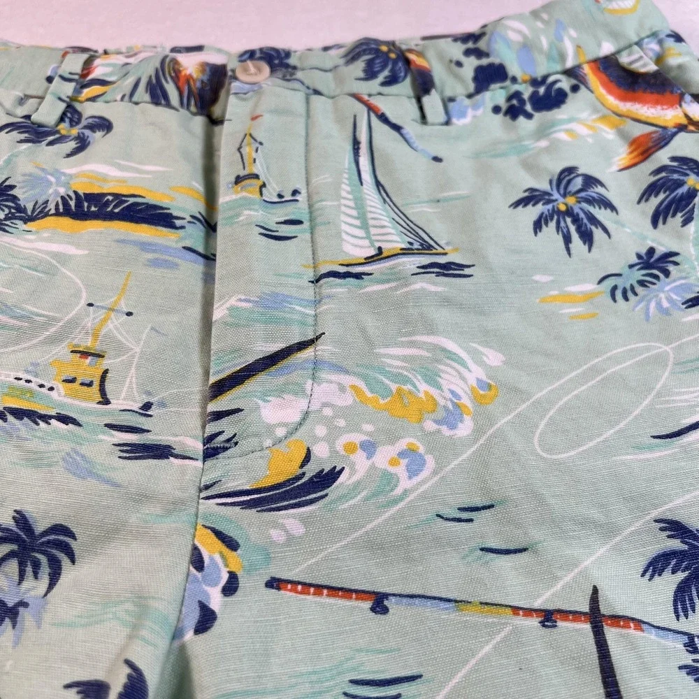 Polo Ralph Lauren‎ Shorts Mens 34 Green Linen Cotton Marlin Print 6 In Inseam